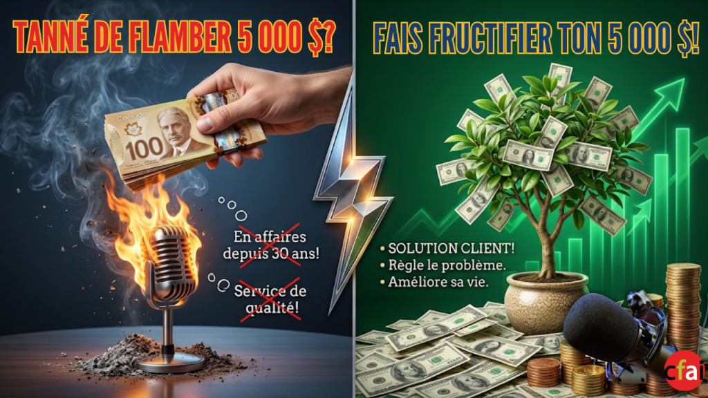 Bannière comparative montrant l'erreur de flamber 5000$ en publicité radio avec des messages clichés, versus l'approche rentable de faire fructifier son investissement en offrant une solution client. Présenté par Karl Roussel, stratège média chez CFAI FM.