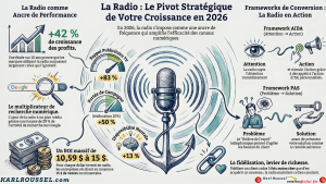 Infographie intitulée "La Radio : Le Pivot Stratégique de Votre Croissance en 2026" présentant des statistiques sur l'efficacité de la radio : +42 % de croissance des profits, un ROI de 10,59 $ à 15 $, et son impact sur la recherche Google (+29 %) et les frameworks de conversion AIDA et PAS.