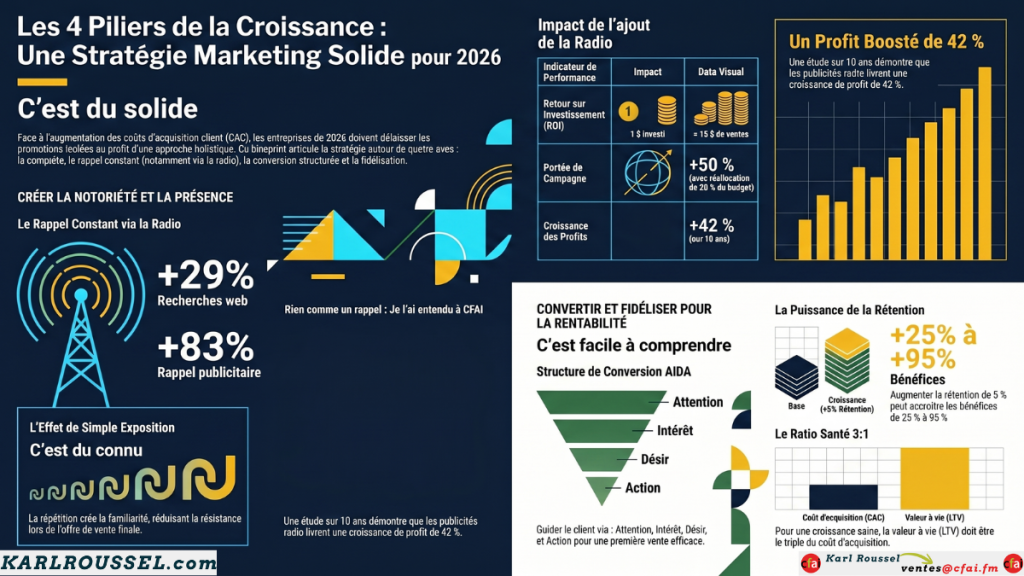 Infographie sur l'ingénierie de la croissance par Karl Roussel (CFAI FM) illustrant les 4 piliers stratégiques : Agressivité de conquête, Rappel constant, Première vente et Fidélisation. Le visuel explique comment structurer le marketing d'une PME pour une rentabilité durable.