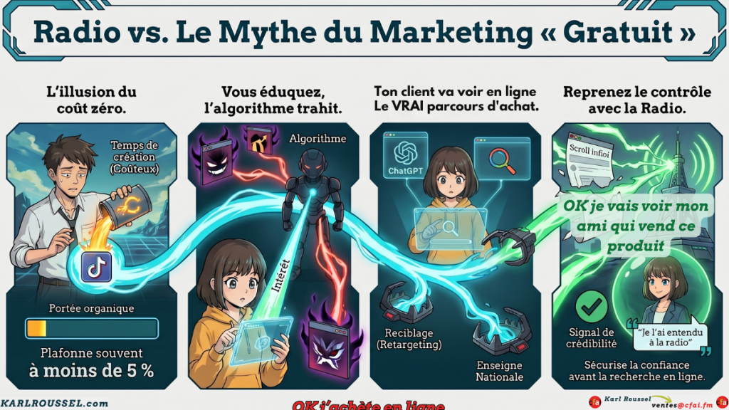 "Ingénierie de la croissance : Le marketing de l'espoir c'est mort" par Karl Roussel de CFAI FM. Le schéma présente les 4 piliers stratégiques pour les PME : Acquisition (agressivité de conquête), Fréquence d'achat (rappel constant), Revenu Moyen (augmenter la valeur) et Référence (fidélisation extrême).