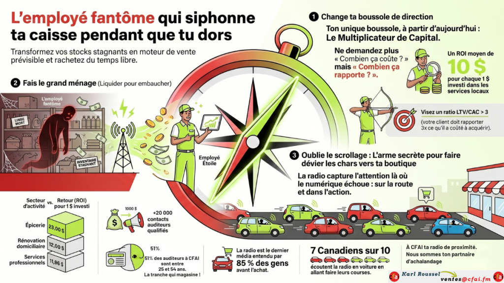 Infographie montrant comment la radio de proximité CFAI transforme les stocks stagnants en ventes prévisibles.