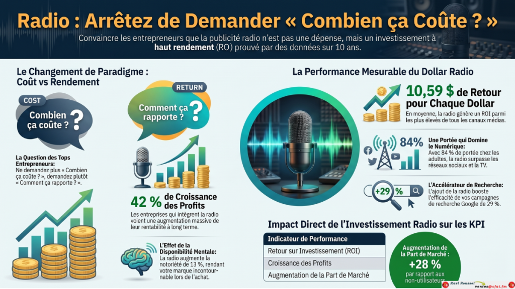 Infographie démontrant le haut rendement (ROI) de la publicité radio avec CFAI FM pour les ventes.

2. TITLE :
infographie-roi-publicite-radio-cfai-fm

3. CAPTION :
Arrête de voir la pub comme une dépense ! Découvre pourquoi investir dans la radio est le meilleur levier pour propulser tes profits et dominer ton marché.

4. DESCRIPTION :
En affaires, la vraie question n'est pas « combien ça coûte », mais « combien ça rapporte ». Cette infographie dévoile des statistiques percutantes sur le rendement exceptionnel de la publicité radiophonique. En intégrant une radio communautaire forte comme CFAI FM dans ton plan de marketing, tu boostes tes ventes et la notoriété de ton commerce local de façon mesurable. C'est un levier d'entrepreneuriat puissant pour les entreprises d'Edmundston, de Grand-Sault et du Haut-Madawaska. Fais le choix d'une radio de proximité au Nouveau-Brunswick pour générer en moyenne 10,59 $ de retour pour chaque dollar investi et accélérer ta croissance.

5. TAGS :
publicité radio, retour sur investissement, ROI, marketing, ventes, entrepreneuriat, commerce local, CFAI FM, radio de proximité, radio communautaire, Edmundston, Grand-Sault, Haut-Madawaska, Nouveau-Brunswick, croissance des profits.